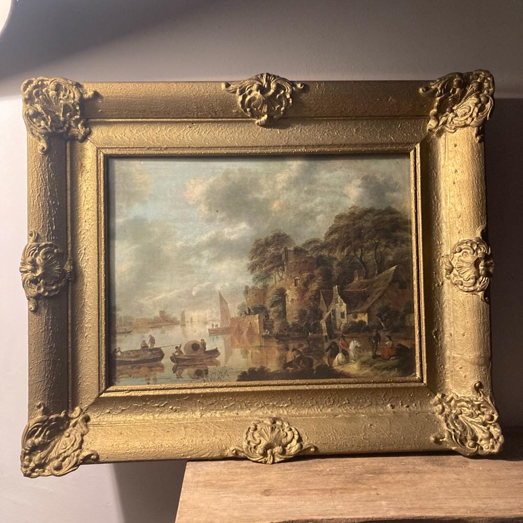 Vintage Rivierlandschap Prent in Vergulde Lijst, Ophalen of Verzenden