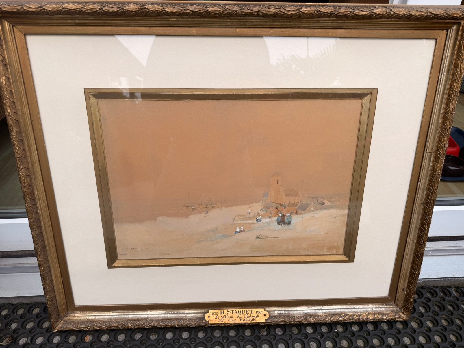 Antieke 19e eeuwse aquarel Henri Stacquet van Katwijk, Ophalen of Verzenden, Tekening, Aquarel, Achter glas