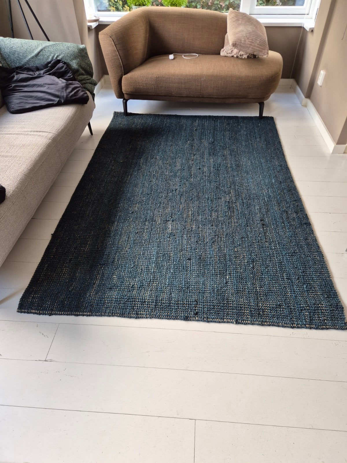 Blauw jute vloerkleed - 160x230cm, Huis en Inrichting, Ophalen, Blauw, 150 tot 200 cm, 200 cm of meer