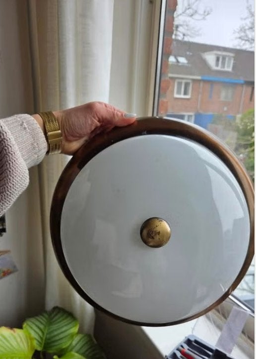 Vintage Art Deco Plafondlamp - Brons & Wit Glas, Ophalen, Zo goed als nieuw, Glas