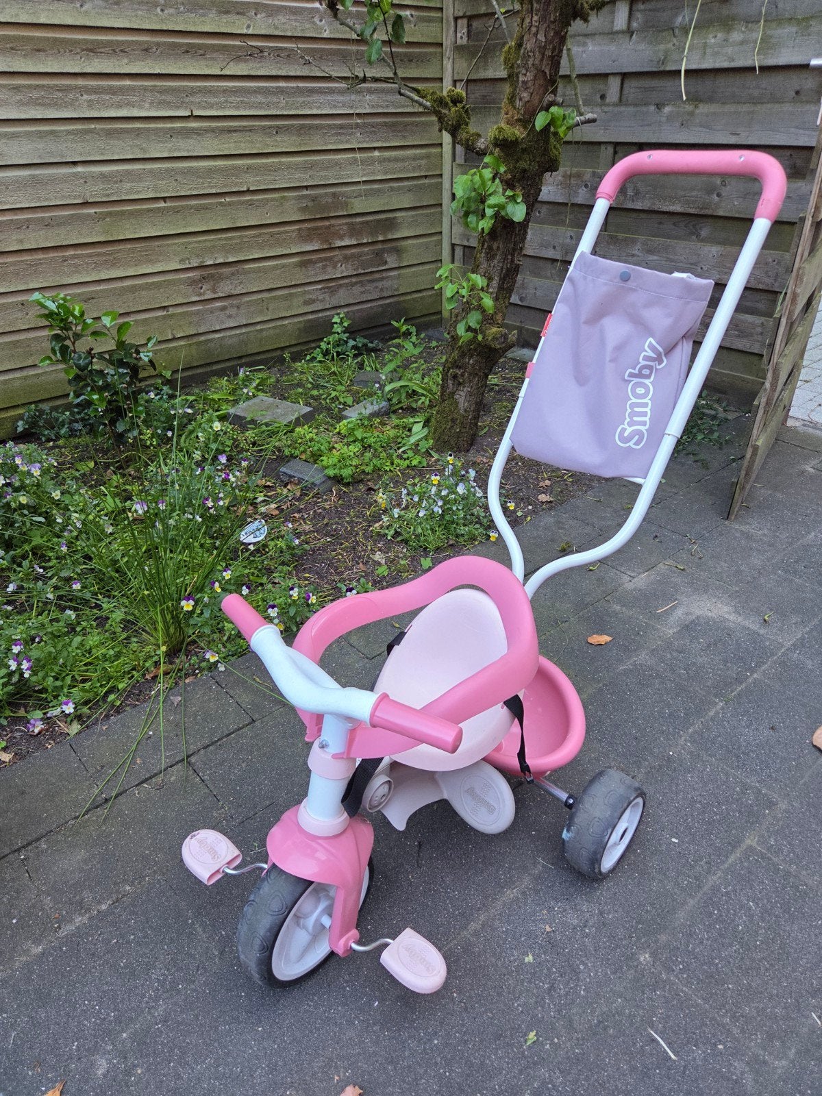 Smoby driewieler met duwstang - Roze, Ophalen, Gebruikt, Smoby, Duwstang