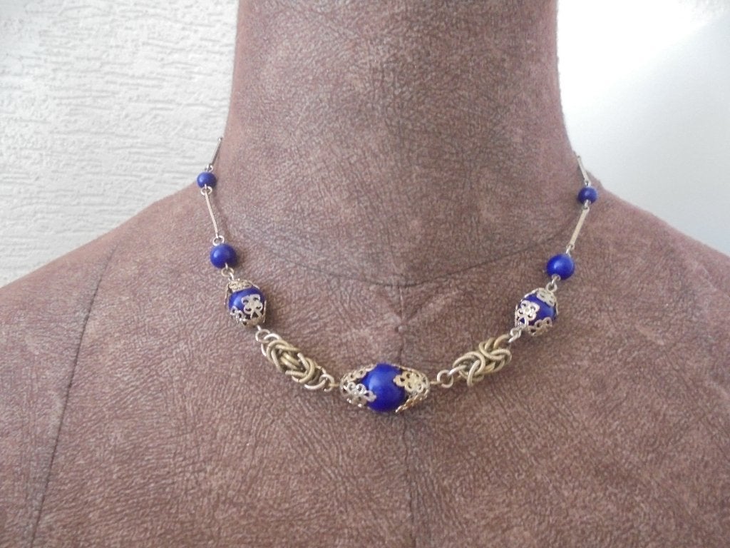 Vintage ketting Filigraan blauw glaskralen art deco, Ophalen of Verzenden, Zo goed als nieuw, Blauw, Overige materialen