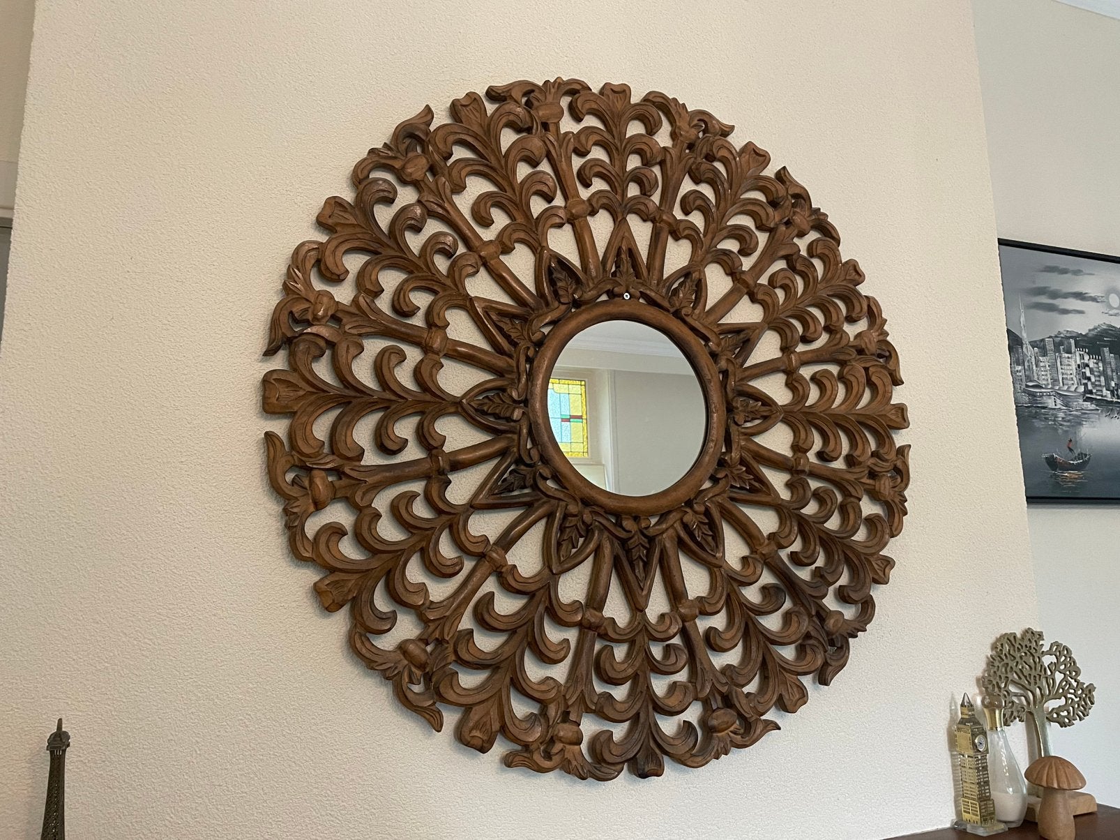 Houten Spiegel, Huis en Inrichting, Woonaccessoires | Spiegels, Ophalen, Rond, Zo goed als nieuw, 75 tot 100 cm