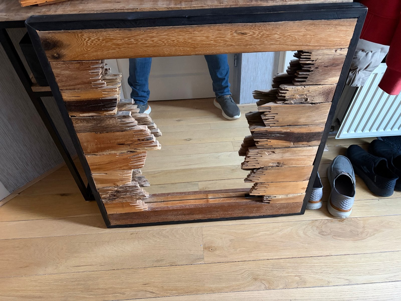 Unieke spiegel met houten lijst - Handgemaakt, Huis en Inrichting, Ophalen, Vierkant, Zo goed als nieuw, 75 tot 100 cm
