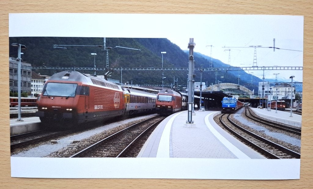 Panoramafoto van Zwitserse SBB en Rhatische Bahn, Verzenden, Nieuw, Trein, Kaart of Prent