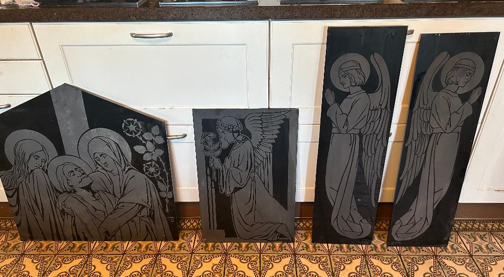 Art deco gegrafeerde glasplaten met engelen Jan Perey 1918, Antiek en Kunst, Antiek | Religie, Ophalen