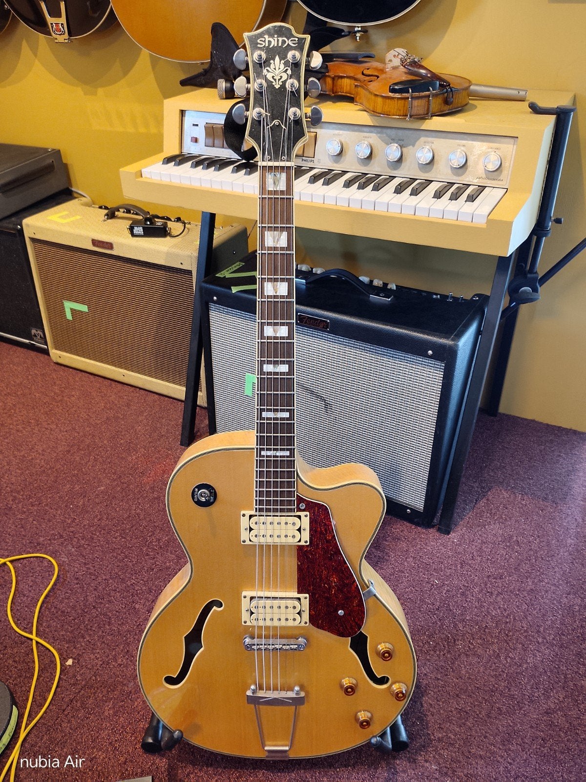 shine (custom) gitaar met 2x humbucker + piëzo element, Ophalen of Verzenden, Gebruikt, Hollow body, Overige merken