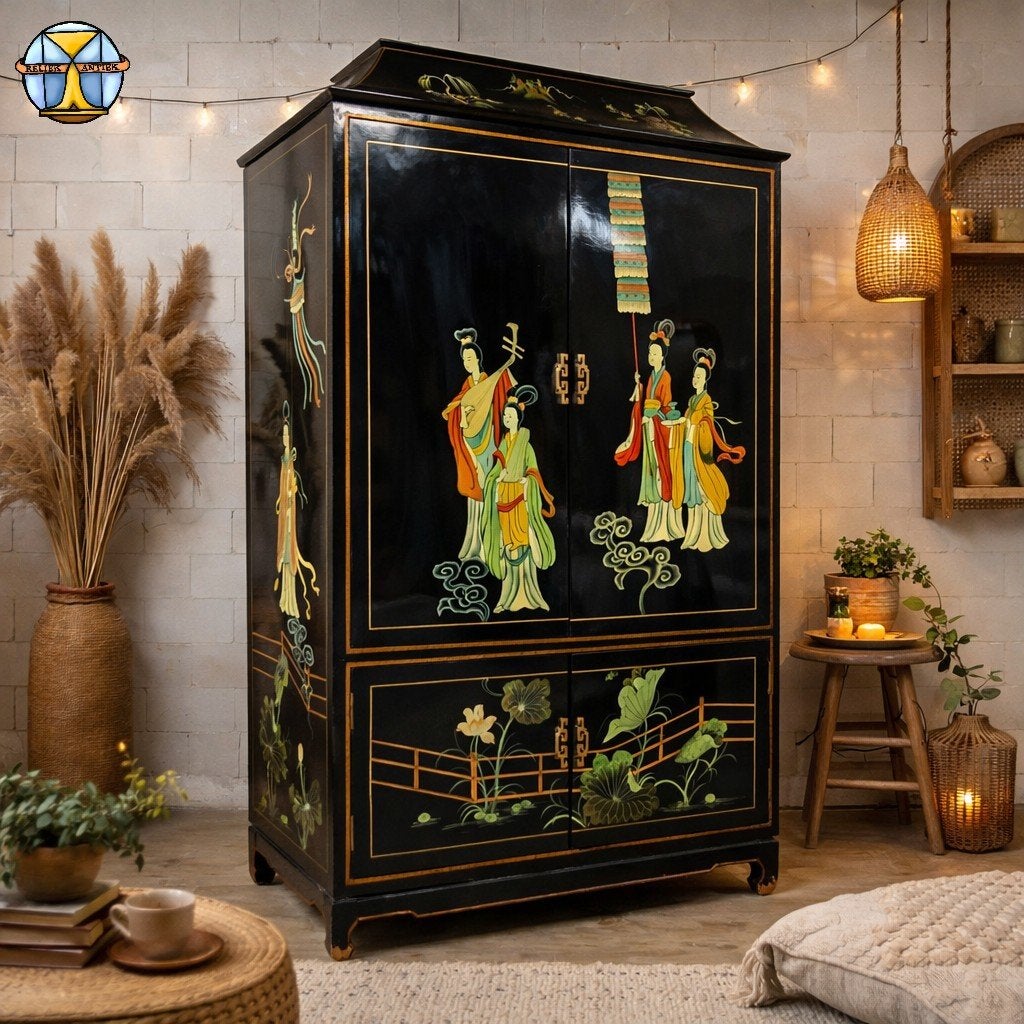 Vintage Chinese Pagoda kast tradioneel tafereel (bohemian), Ophalen of Verzenden