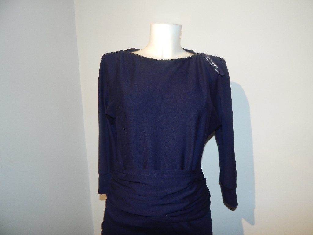 Marccain donker blauwe jurk band taille ritsen merklip N2, Zo goed als nieuw, Knielengte, Maat 36 (S), Marccain
