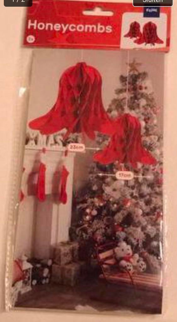 2 rode kerstklokken doorsnee 17 en 23 cm honeycomb folat, Ophalen of Verzenden, Zo goed als nieuw