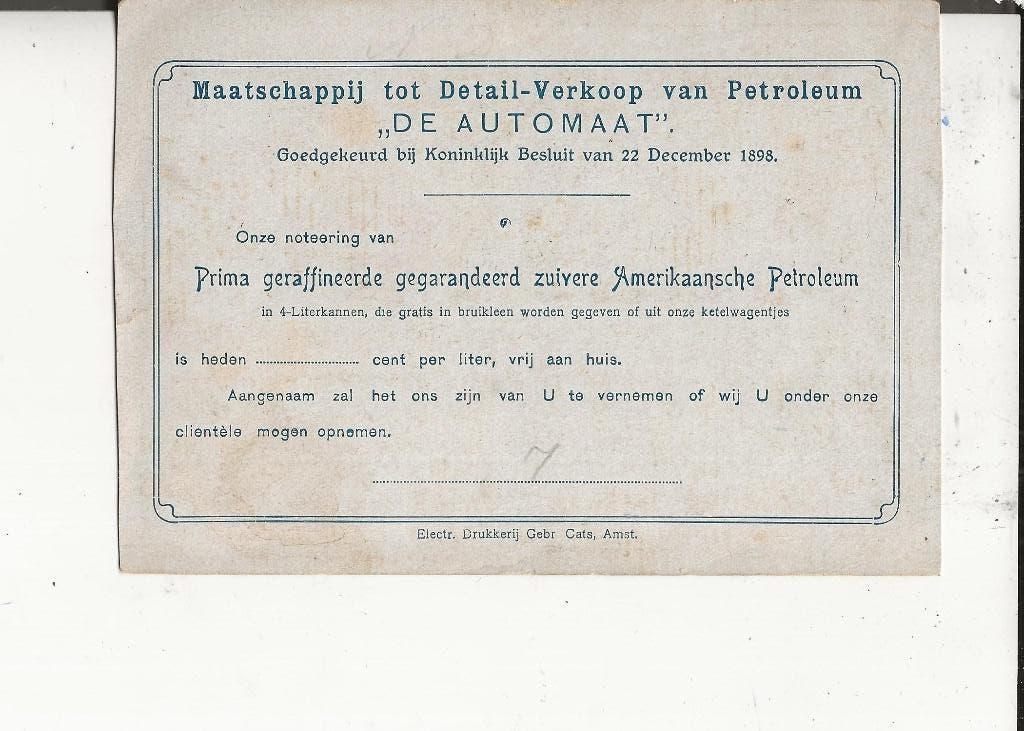 Honselersdijk petroleum de Automaat petroleum 1898, Ophalen of Verzenden, Voor 1920, Ongelopen, Zuid-Holland