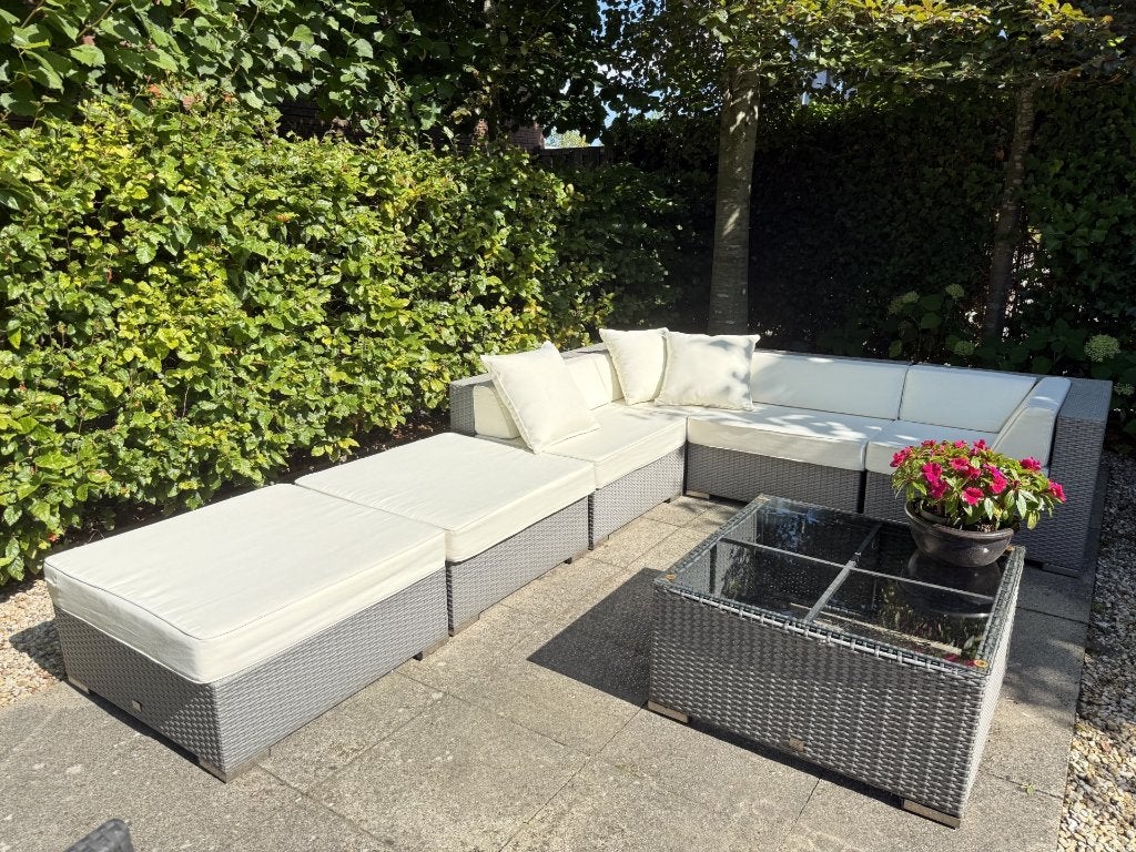 Loungeset 7 delig – flexibel te plaatsen + nette kussens!, Tuin en Terras, Tuinsets en Loungesets, Ophalen, 5 zitplaatsen, Gebruikt