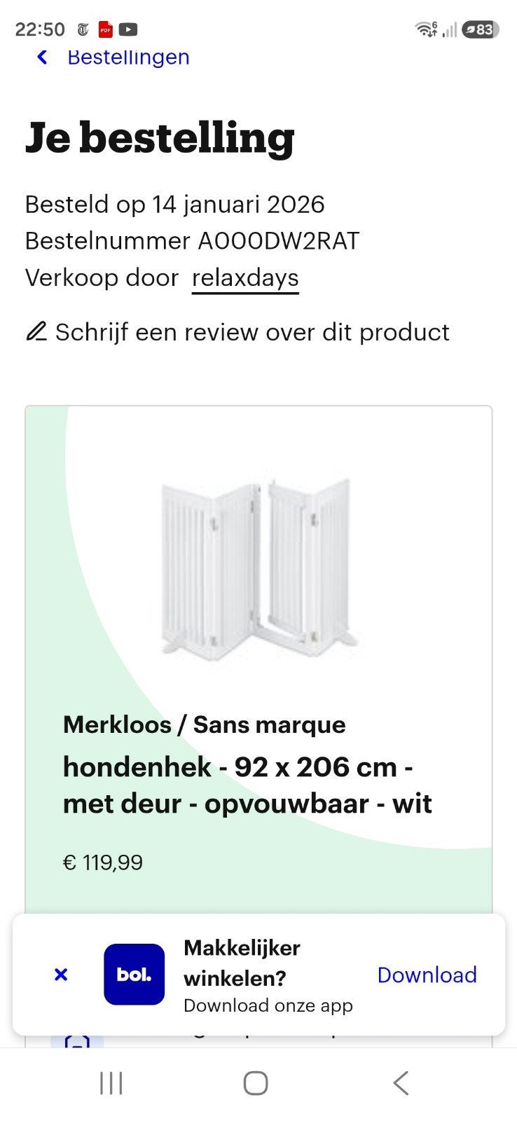 Hondenrek met deur - opvouwbaar - wit (92 x 206 cm), Ophalen, Zo goed als nieuw