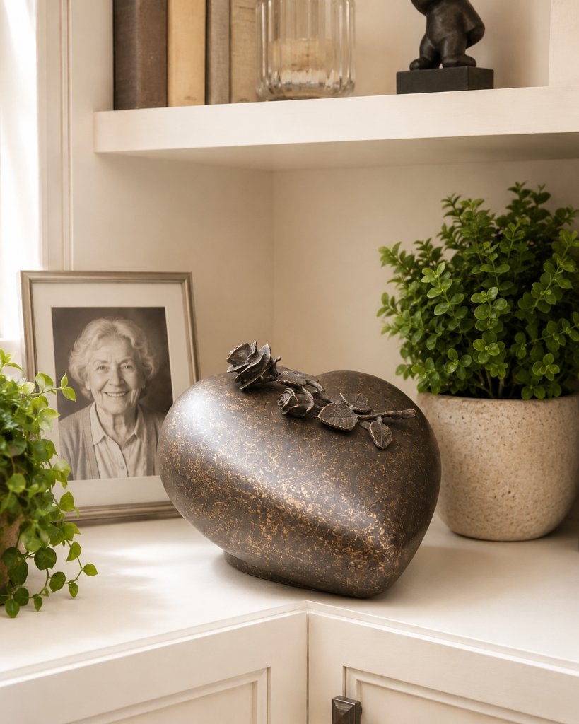 Grote BRONZEN URN / grafdecoratie / ROZEN, Nieuw, Info@huisentuindecoratiemarie.nl, Huis en tuin decoratie marie, Peize