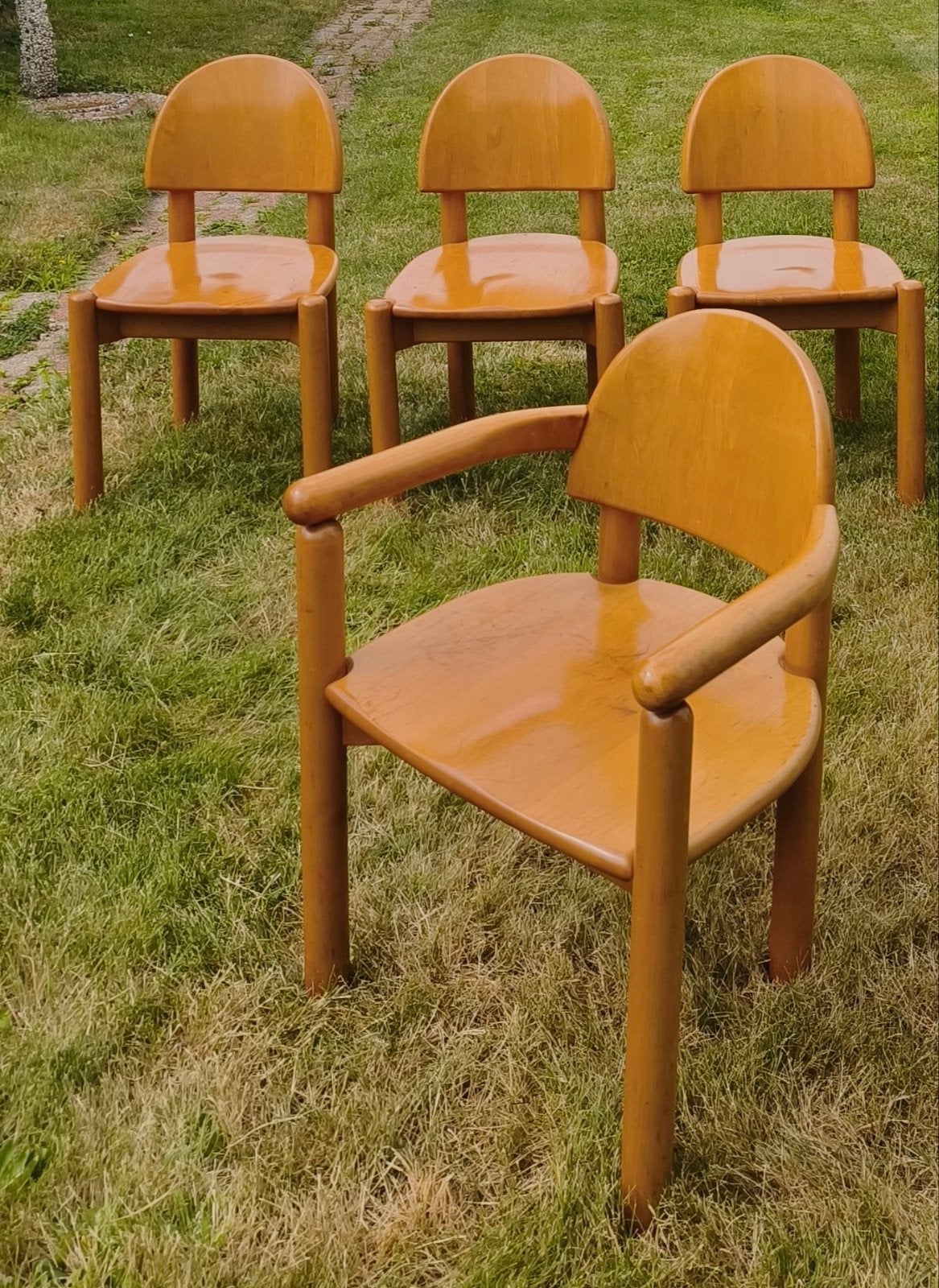 4 Deense vintage Daumiller stoelen, Huis en Inrichting, Stoelen, Ophalen, Gebruikt, Bruin, Vier