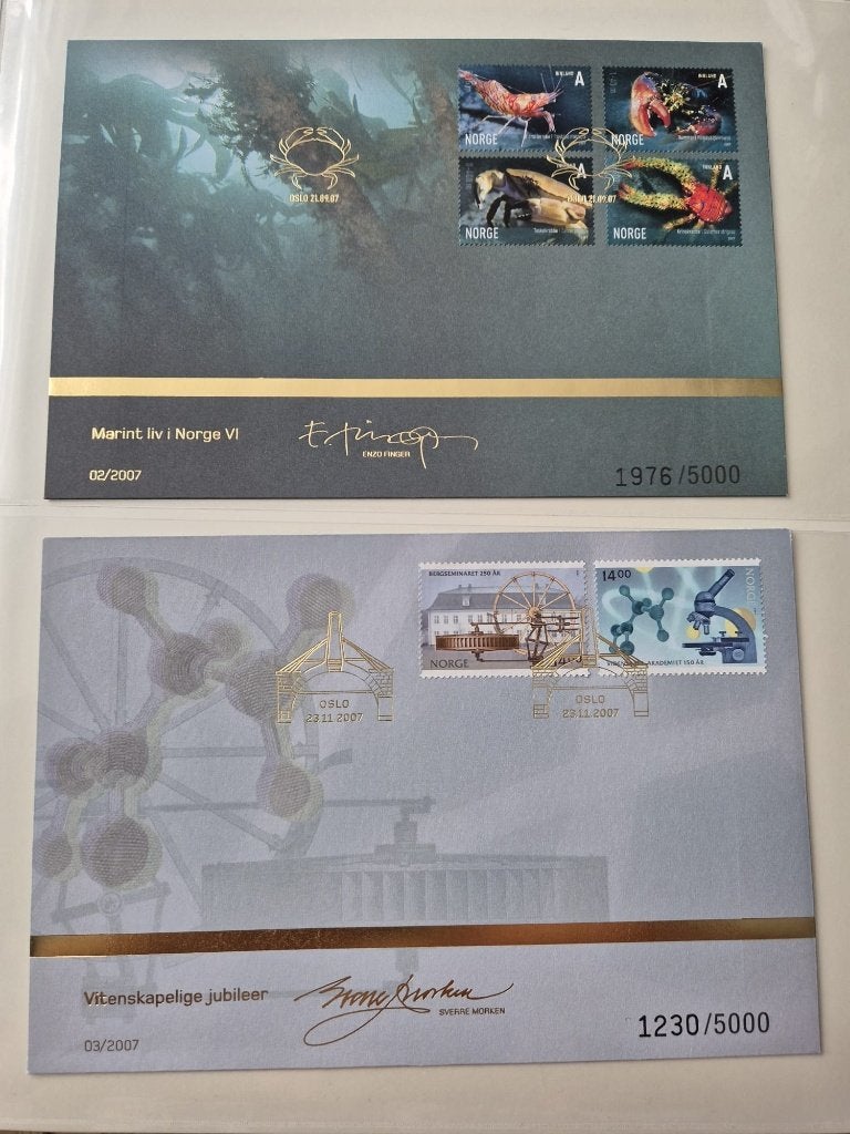 Noorwegen 2007 Gouden FDC 2 x - Uniek speciale edities, Ophalen of Verzenden, Noorwegen, Gestempeld