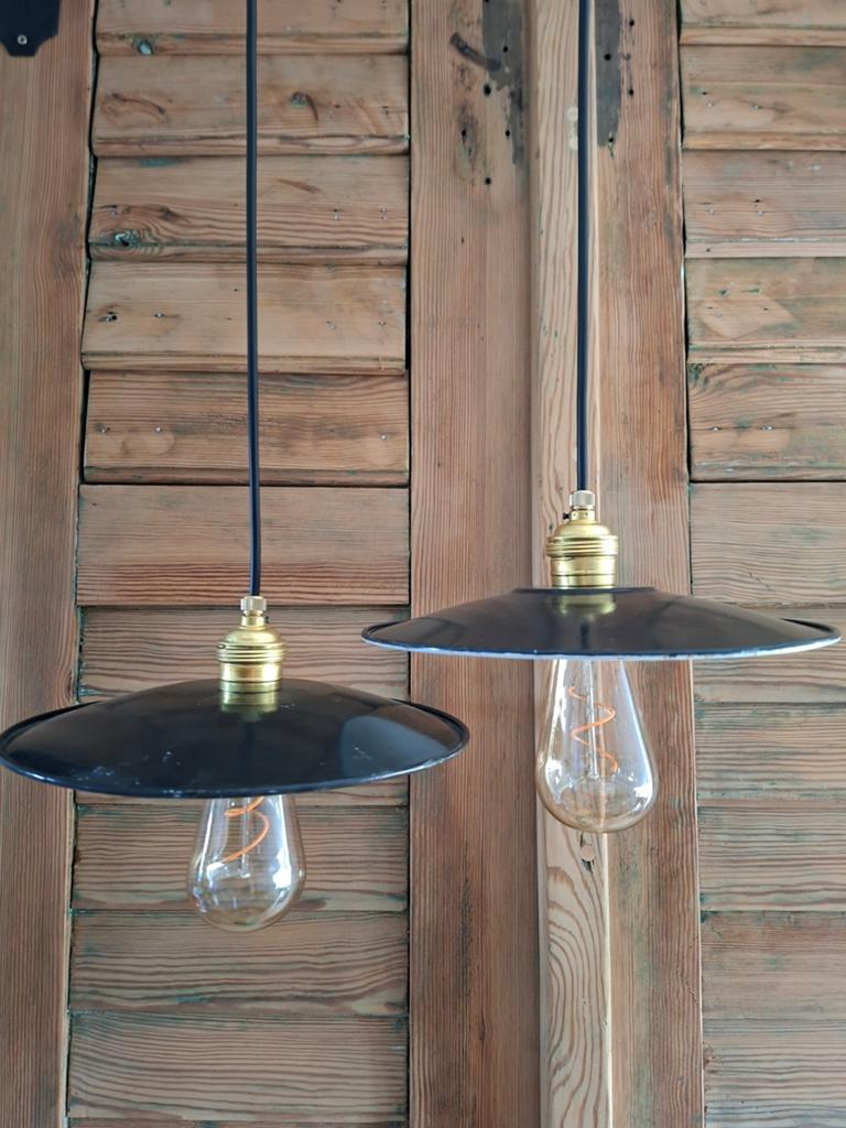 Zwart emaille schotel hanglampen , Franse schoenmakers lamp, Ophalen of Verzenden