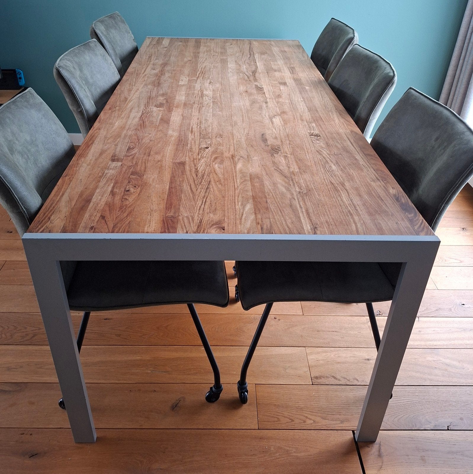 Zware palissander eettafel met metalen poten (200x90cm), Gebruikt, 50 tot 100 cm, Vijf personen of meer, 150 tot 200 cm