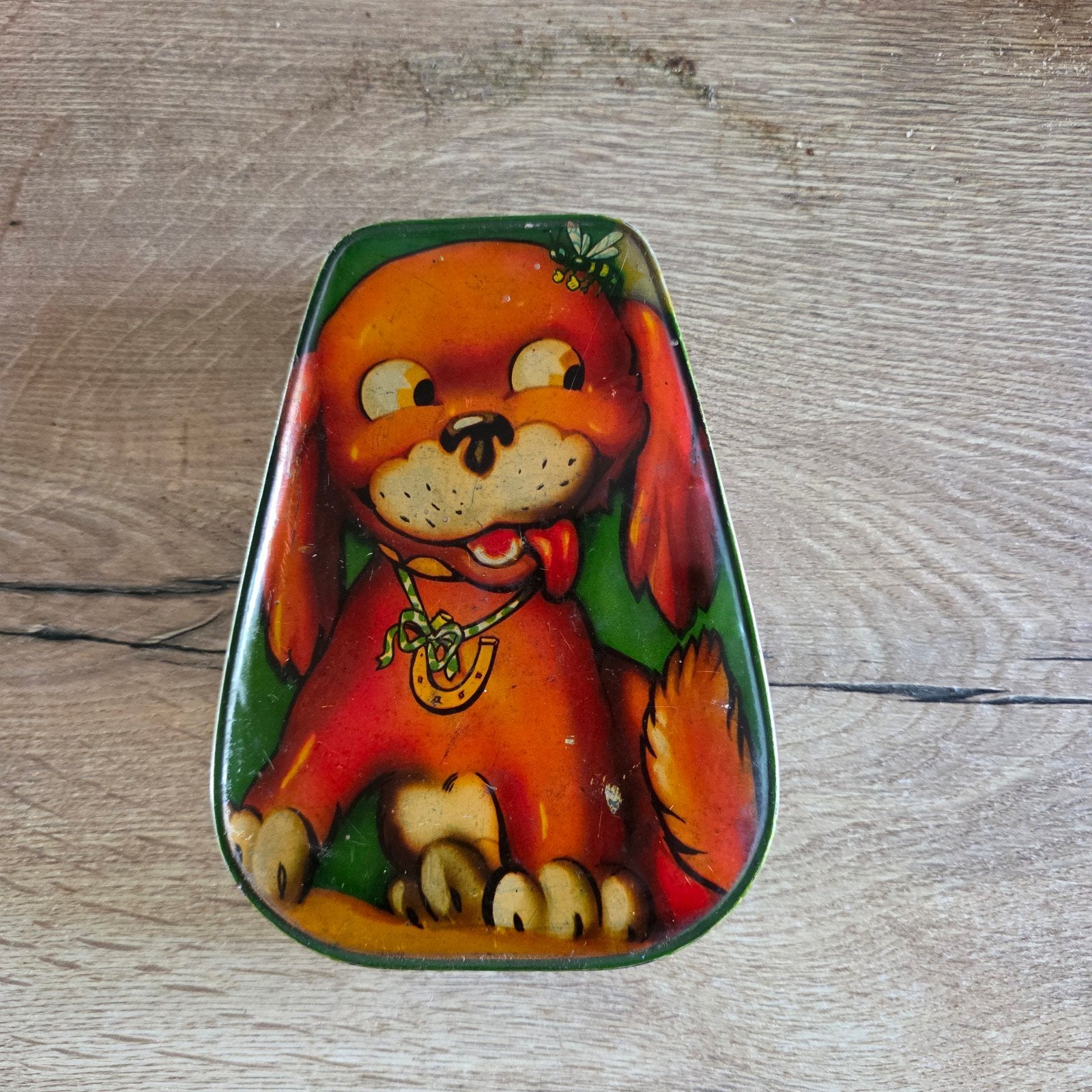 Vintage blikken trommel met hondje - Droste, Verzamelen, Ophalen of Verzenden, Gebruikt, Koek(jes), Overige merken