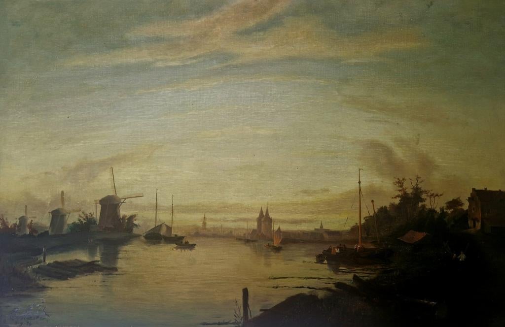 Olieverfschilderij: Hollands rivierlandschap met molens, Ophalen