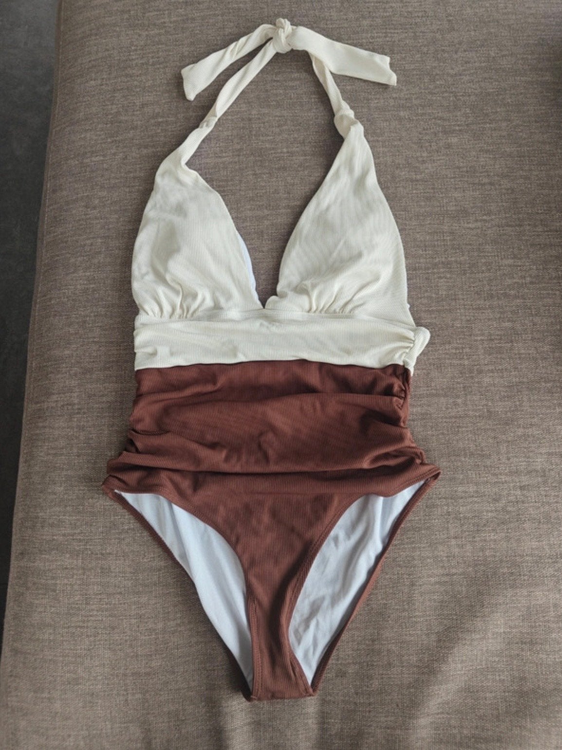 Shein Badpak met plooien op de buik -creme en Bruin, Kleding | Dames, Badmode en Zwemkleding, Ophalen of Verzenden, Gedragen, Wit