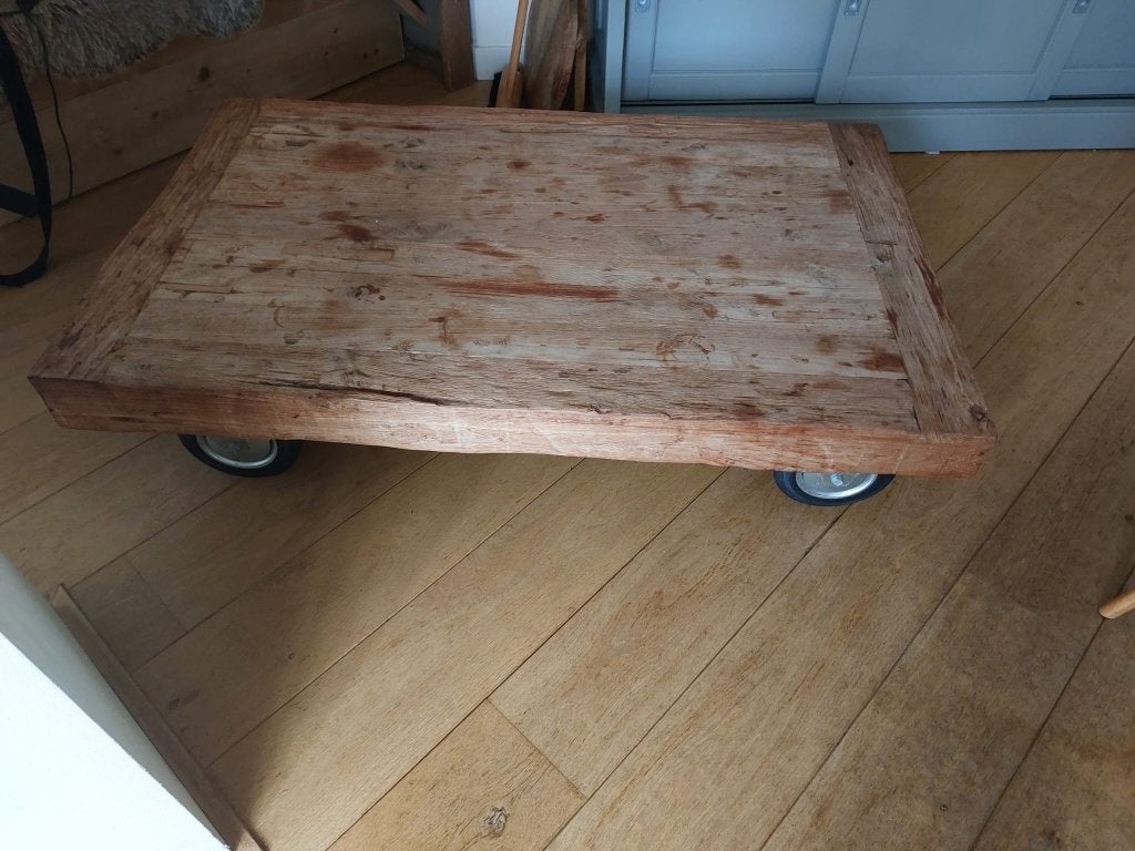 salontafel teak op wielen, Ophalen, Gebruikt, 100 tot 150 cm, Teakhout