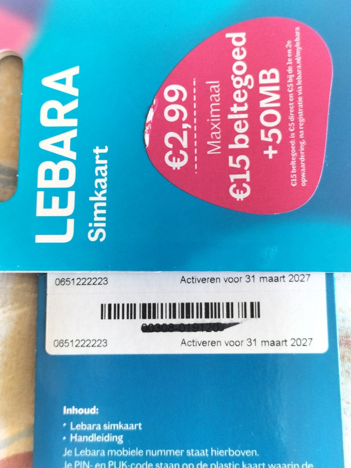0651222223 MOOI NUMMER LEBARA PREPAID SIMKAART NUMMER, Ophalen of Verzenden, Nieuw, KPN, Simkaart