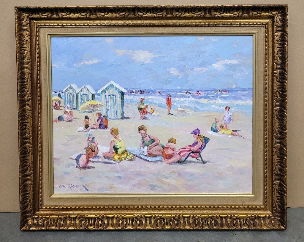 Albert RIGAUX, de blauwe strandcabines, Ophalen of Verzenden, Gesigneerd, Olieverf, Doek
