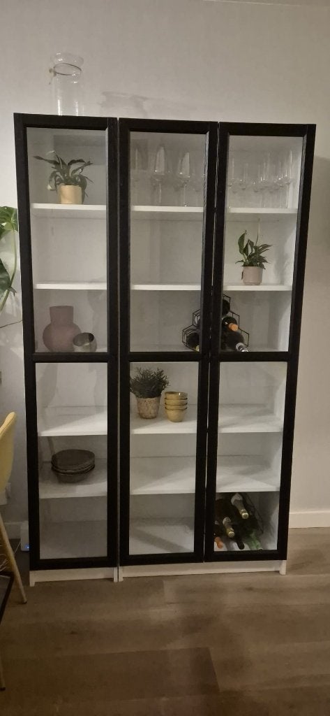 Servieskast vitrinekast ikea billy oxberg 120 x 30 x 202, Ophalen, 100 tot 150 cm, 200 cm of meer, Glas