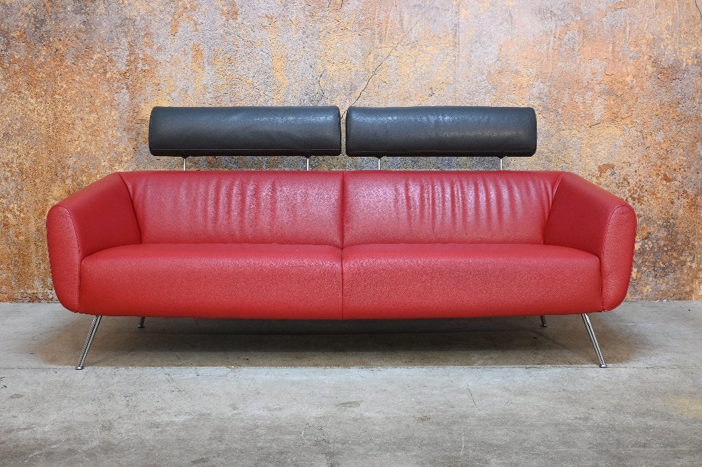ZGANieuw Leolux Marabeau designbank in rood en grijs leer, Leolux, Leolux, Driepersoons, 75 tot 100 cm