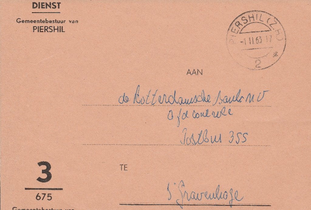PIERSHIL 1963 Front van een Dienstenvelop Gemeentebestuur, Ophalen of Verzenden, Voor 1920