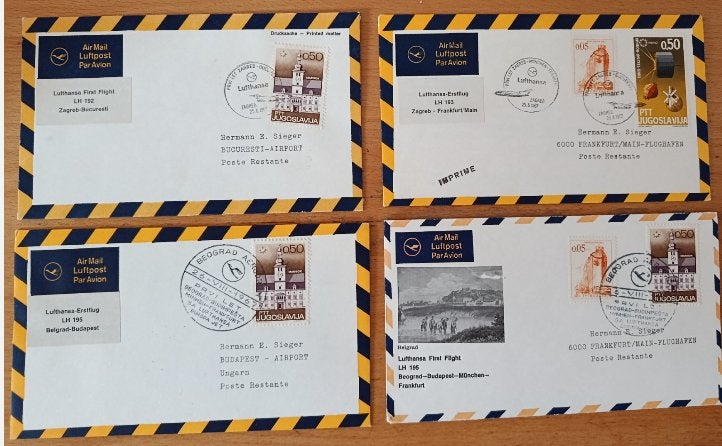 4 x Lufthansa First Flight enveloppen Joegoslavië, Ophalen of Verzenden, Joegoslavië, Gestempeld