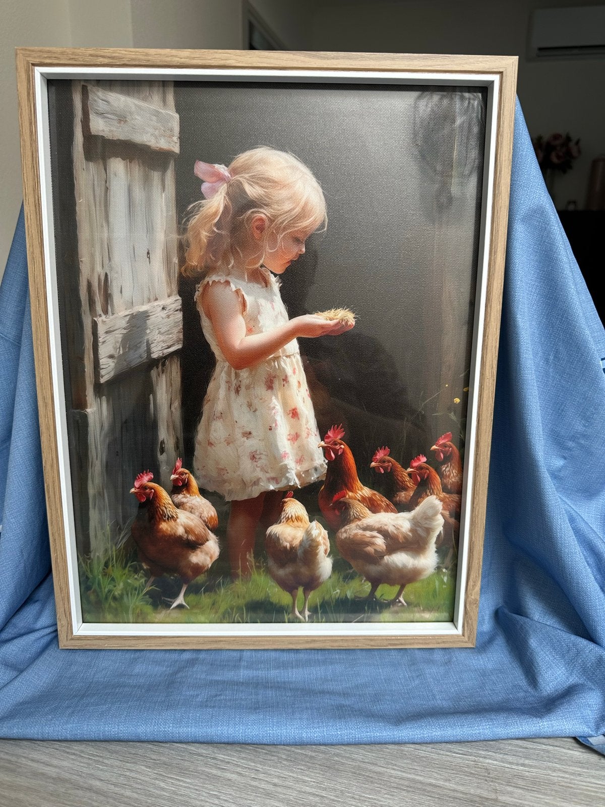 Giclee schilderij: Meisje voert kippen, Ophalen of Verzenden