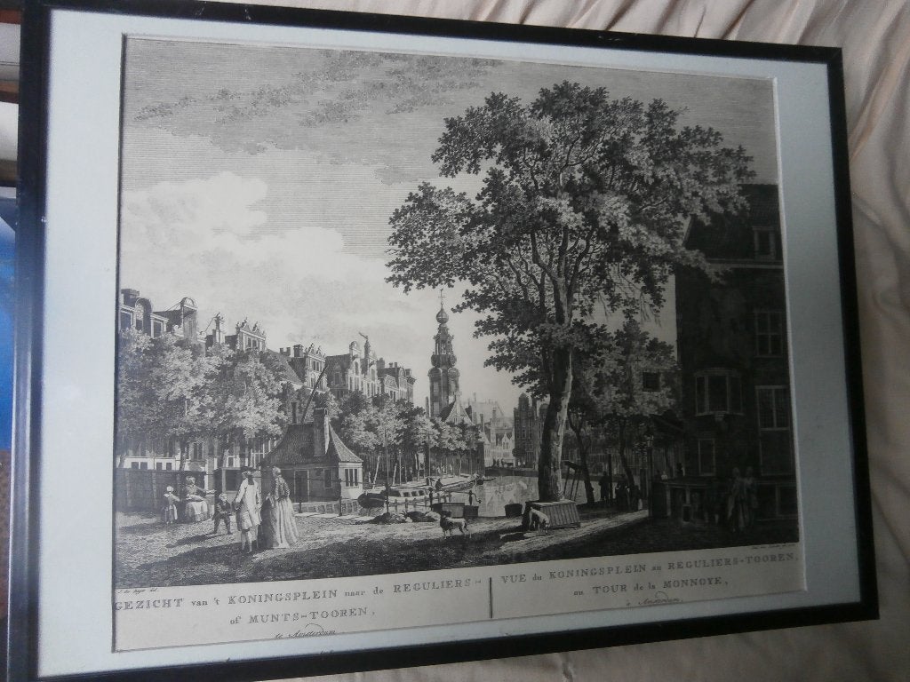 Amsterdam, Zw-wit gravure Van Koningsplein naar Munttoren, Ophalen of Verzenden, Ets