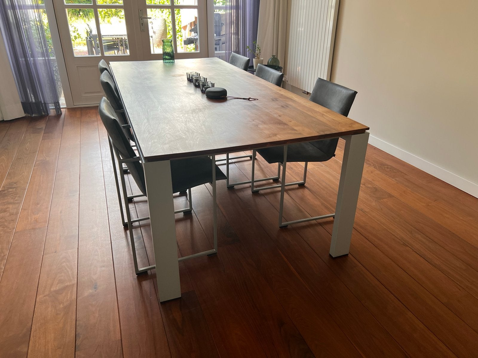Arco Eetkamerset: Walnoot Tafel (230x100) en 6 Alcantara Sto, Ophalen, Gebruikt, 200 cm of meer, 50 tot 100 cm