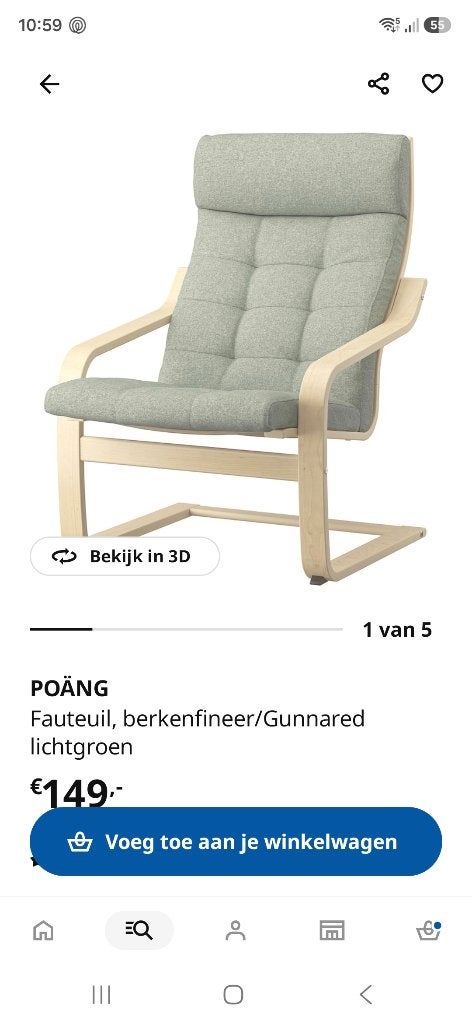 Ikea Poäng fauteuil met 2 kussens (lichtgroen & antraciet), Ophalen, Hout, 75 tot 100 cm, Zo goed als nieuw