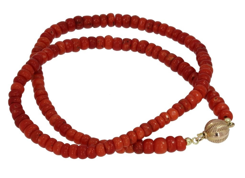 Bloedkoraal antieke ketting 14k slot goud dame vintage fraai, Ophalen of Verzenden, Goud, Ketting, Met edelsteen