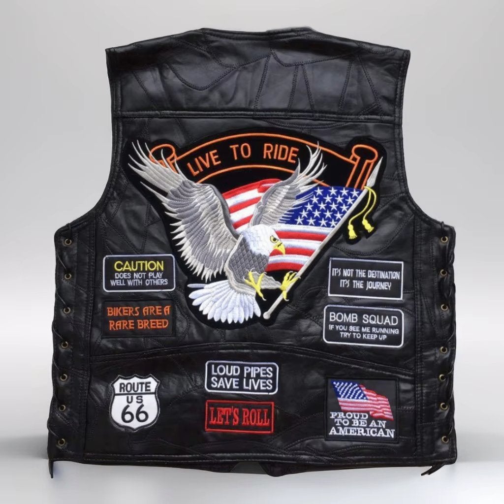Zwart leren heren motorvest met patches, Verzenden, Nieuw, Overige maten, Zwart