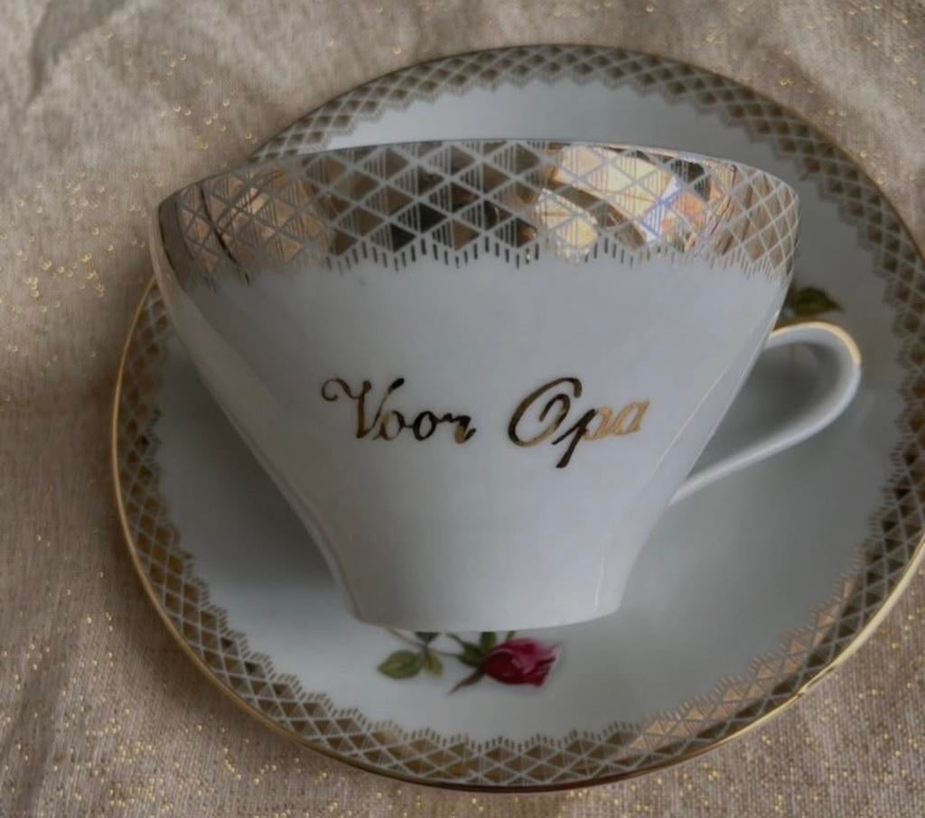 Vintage porseleinen kop en schotel 'Voor Opa', Ophalen of Verzenden