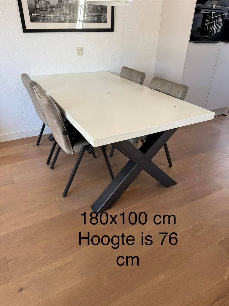 Eettafel wit eiken en eventeel leren stoelen, Gebruikt, Eikenhout, 150 tot 200 cm, Rechthoekig