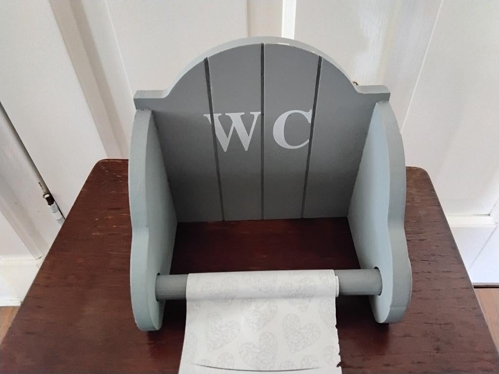 Brocante - houten toiletrolhouder - wc rolhouder - grijs -, Ophalen of Verzenden, Nieuw, Grijs, Overige typen