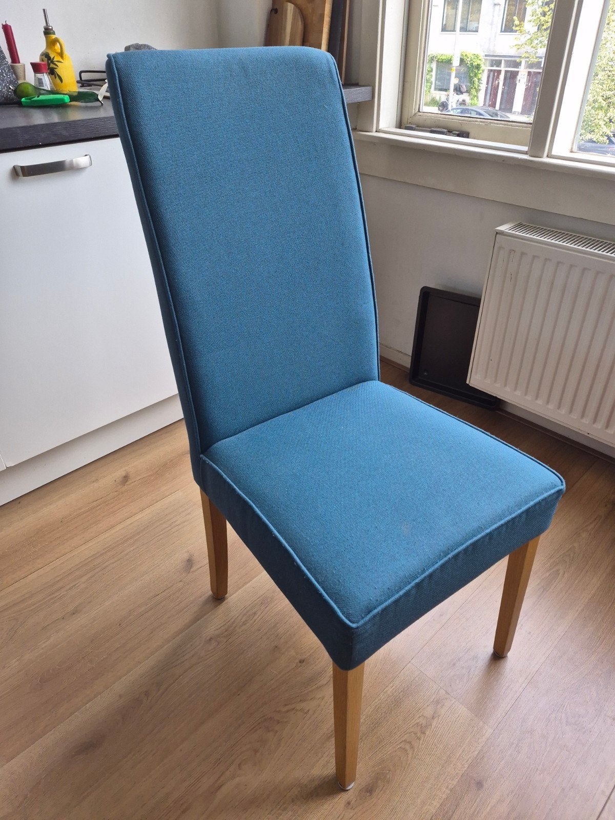 4 x eetkamerstoel - blauw/groen, Ophalen, Blauw, Zo goed als nieuw, Vier