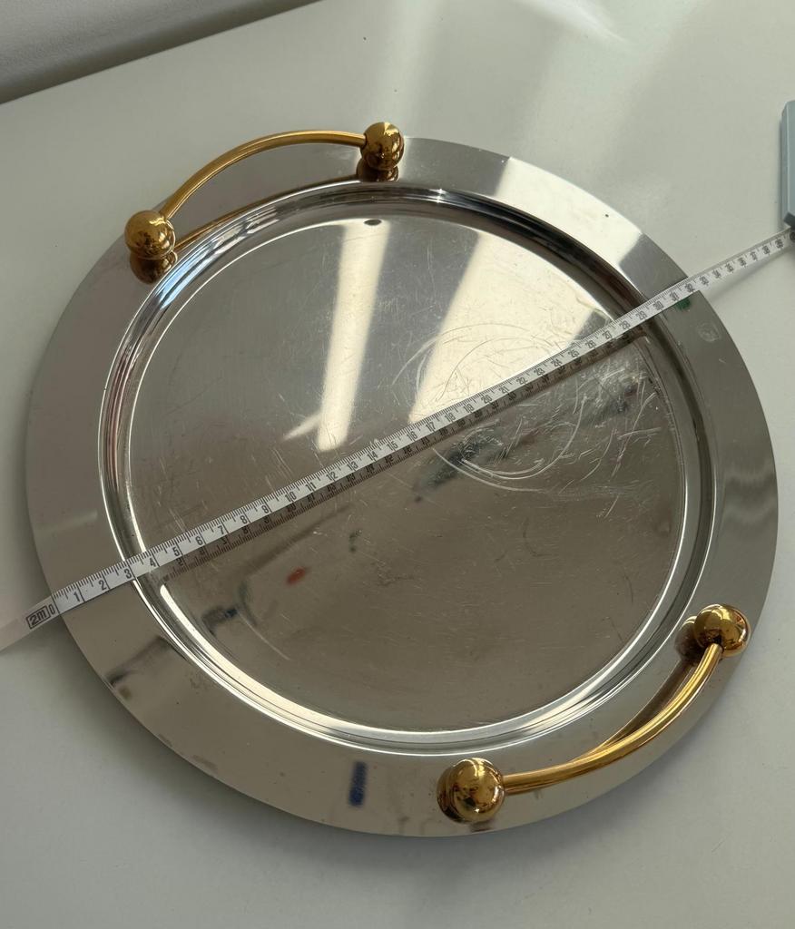 Rond dienblad met gouden handvatten, Ophalen of Verzenden, Gebruikt, Rond, Metaal