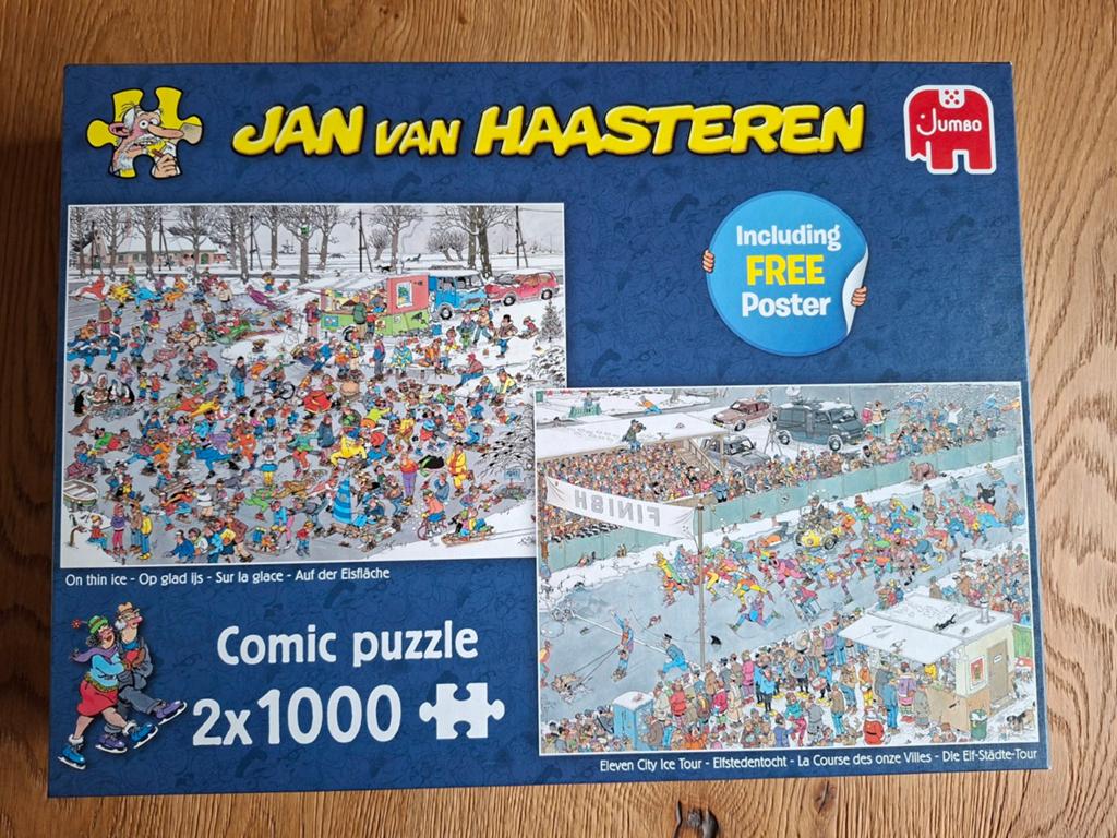 Jan van Haasteren 2 x1000 stukjes Op glad ijs/Elfstedentocht, Ophalen of Verzenden, 500 t/m 1500 stukjes, Zo goed als nieuw