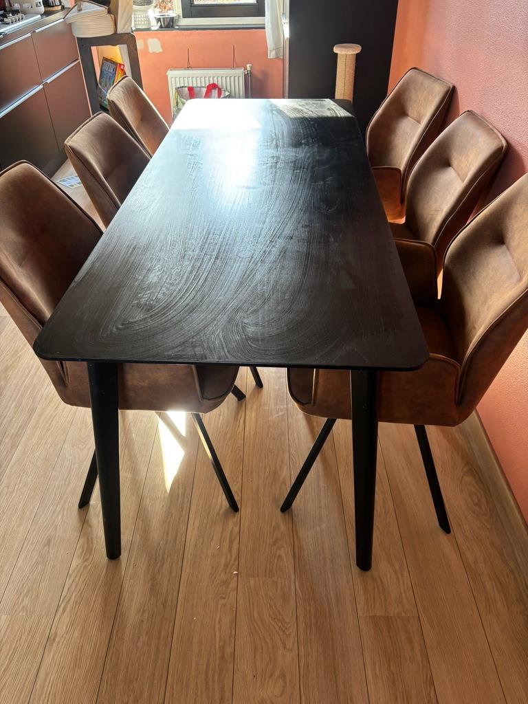 Zwarte eettafel 200x80 cm, hout met kunststof toplaag, Ophalen, Gebruikt, 50 tot 100 cm, Vijf personen of meer