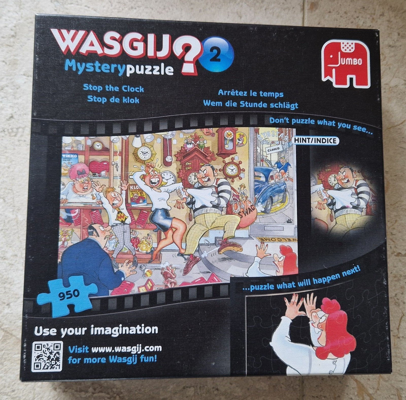 Wasgij puzzel 950 stukjes nr 2 Stop the clock, Hobby en Vrije tijd, Ophalen of Verzenden, 500 t/m 1500 stukjes, Zo goed als nieuw
