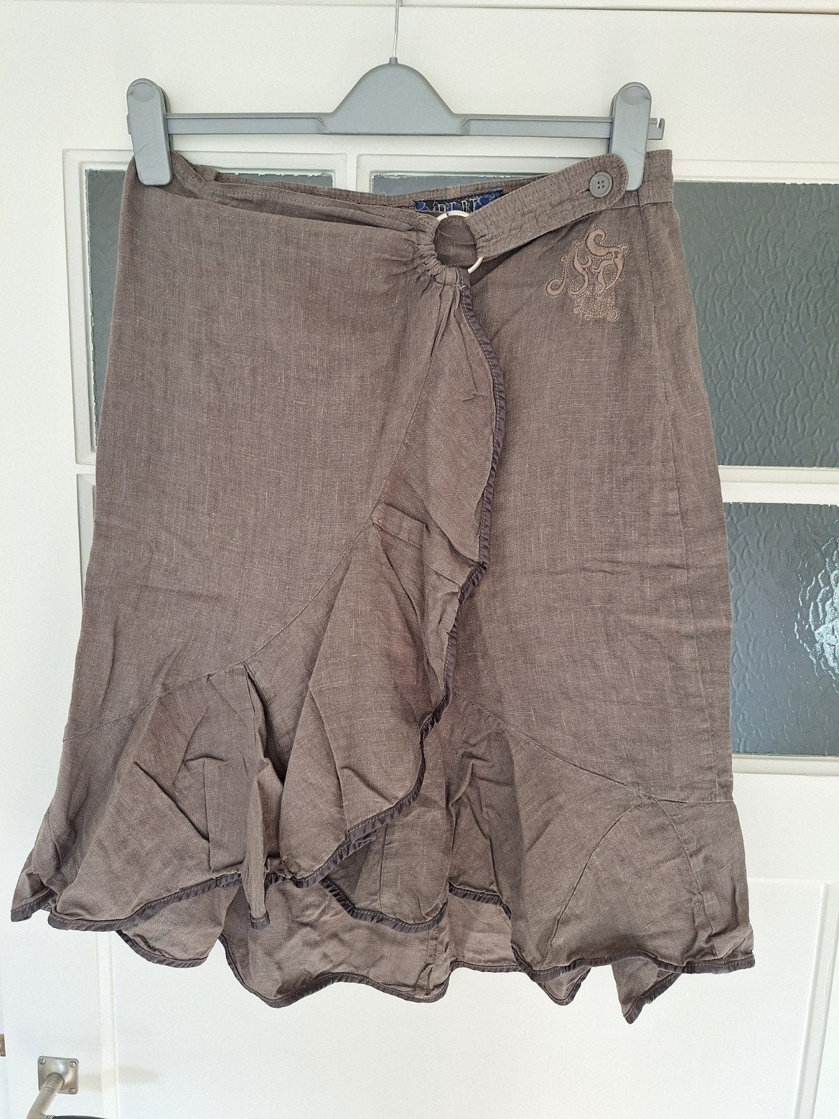 taupe kleurige Linnen wikkelrok Dept XL, Bruin, Maat 46/48 (XL) of groter, Ophalen of Verzenden, Gedragen