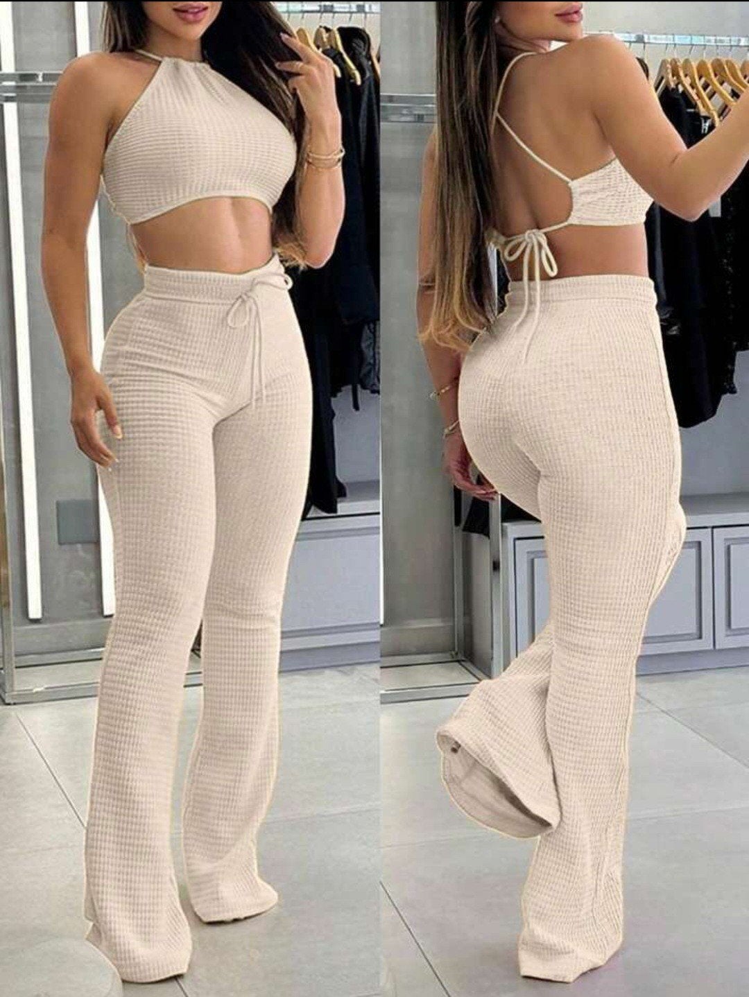 Wafelstof tweedelige set: halter crop top en flared broek, Kleding | Dames, Broeken en Pantalons, Ophalen, Beige, Maat 36 (S)