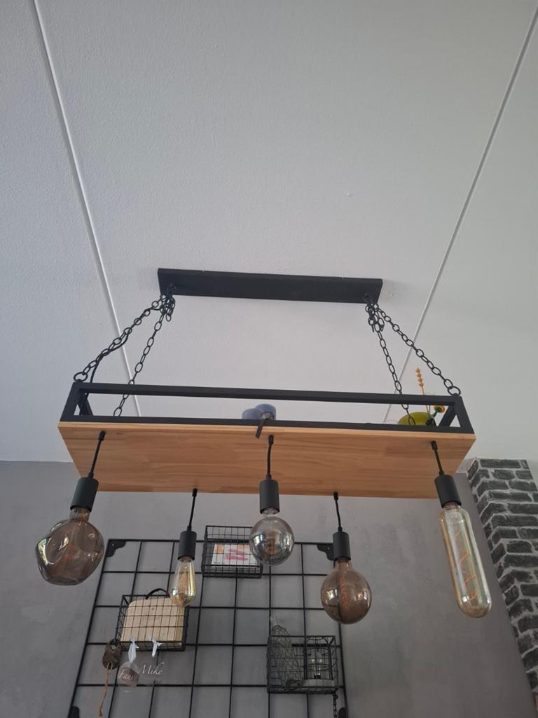 Industriële metalen hanglamp met houten plank + lichtbronnen, Ophalen, Zo goed als nieuw, 75 cm of meer