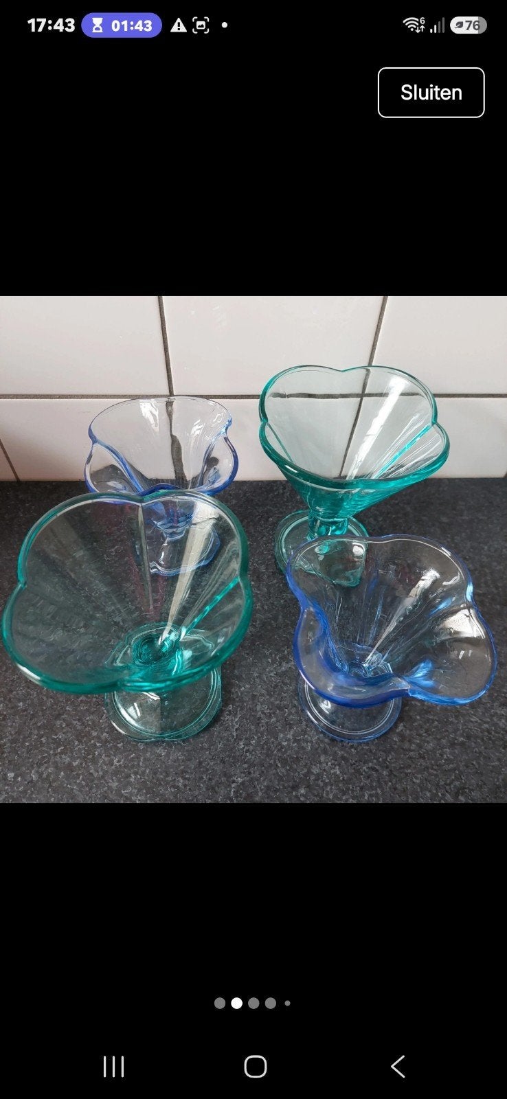 4 blauwe glazen ijscoupes - 2 grote, 2 kleinere, Ophalen of Verzenden